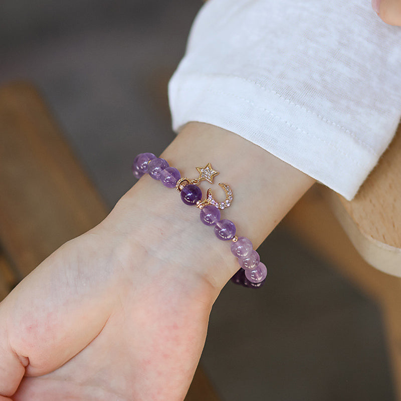 Natural Amethyst Star Moon Purple Jade Beaded Bracelet