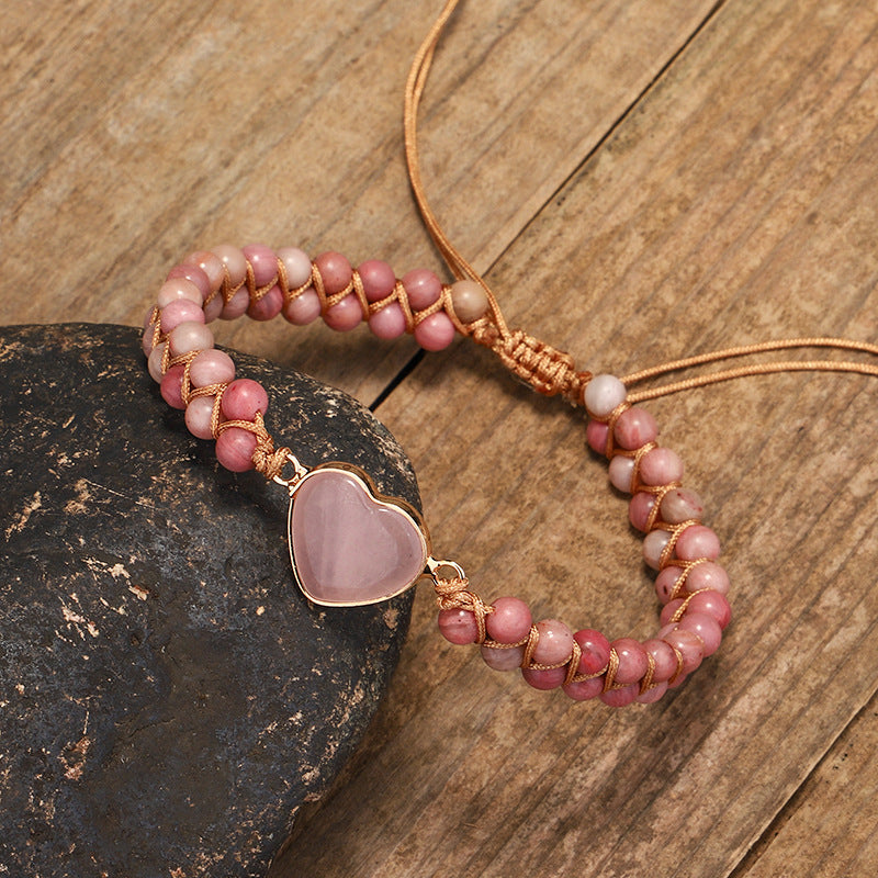 Heart Pink Rhodolite Beaded Bracelet