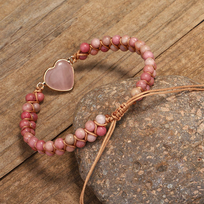 Heart Pink Rhodolite Beaded Bracelet